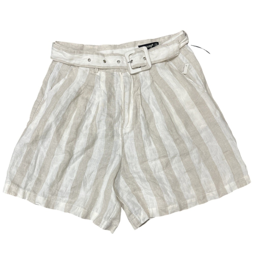 BLANKNYC Shorts Women 30 Beige Striped 100% Linen High Waisted Belted‎ Relaxed